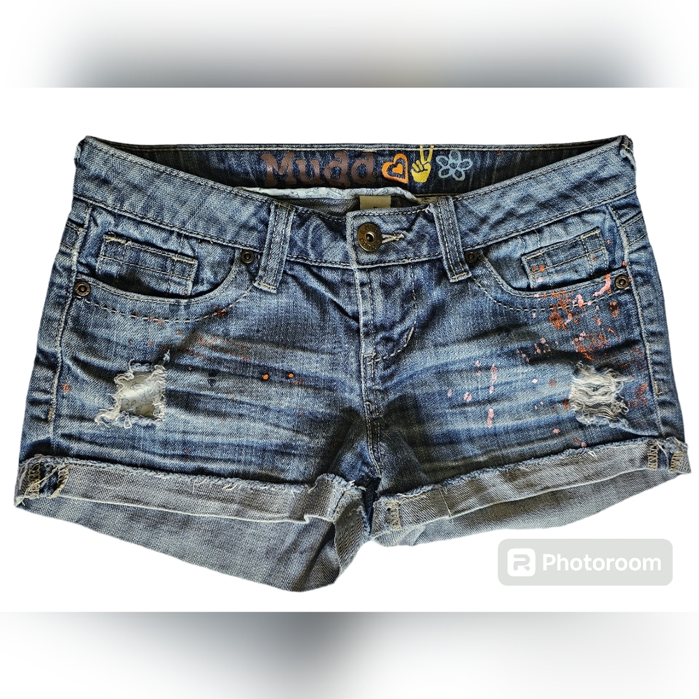 Womens Mudd Blue Jean Shorts Size 5 Pink Orange Paint Splatter